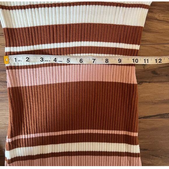 Brown White Pink Ribbed Striped Sweater Dress V-Neck Collared Bodycon Size XL - Picture 10 of 12